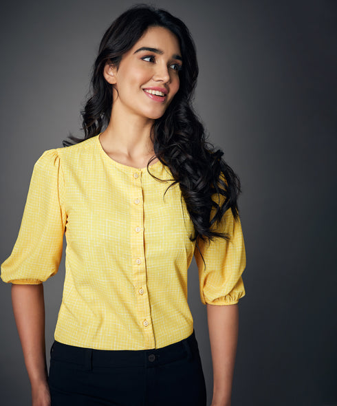 Round Neck Lantern Sleeve Yellow Blouse